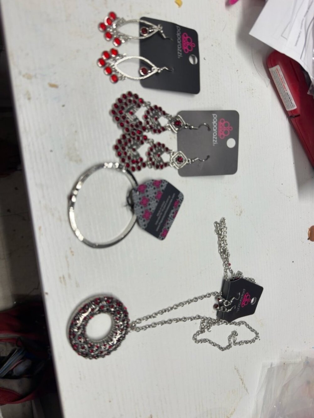 Paparazzi Red Silver Tone Long Necklace Set 2 Earring Pairs Bracelet Bundle